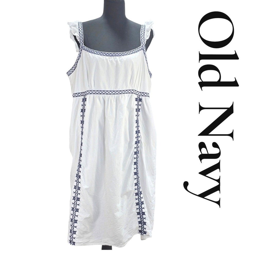 Old Navy Dress Womens XL White Cotton Embroidered Ruffle Strap Boho Summer Sun